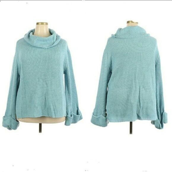Lane Bryant Cable Knit Draped Cowl Cuffed Bell Sleeve Turquoise Sweater Sz 18/20 - Picture 1 of 13